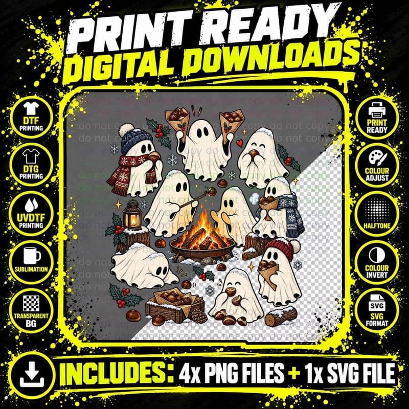 Christmas Ghost Chestnut Roasting Cute Winter Spooky Png SVG Digital Bundle