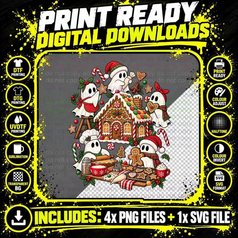 Christmas Gingerbread Ghost Candy House Bedsheet Ghost Png SVG Digital Bundle
