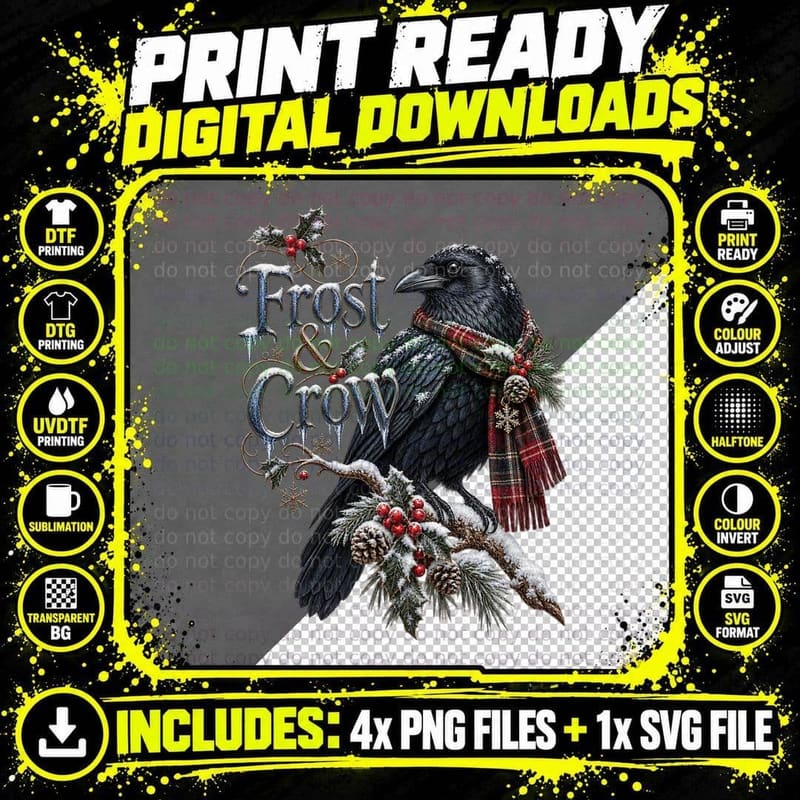 Christmas Holly Patchwork Ghost Crow Vintage Folk Gothic Png SVG Digital Bundle