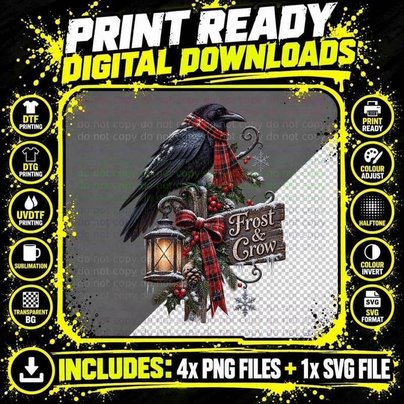 Frost and Crow Raven Tartan Scarf Christmas Holly Lantern Snowy Gothic T-Shirt Png SVG Digital Bundle