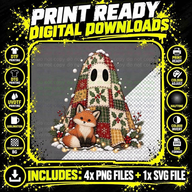 Christmas Holly Patchwork Ghost Fox Vintage Folk Png SVG Digital Bundle