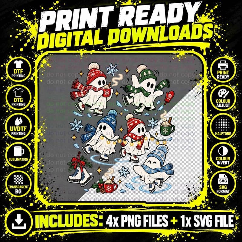 Christmas Ice Skating Ghost Winter Festive Cute Bedsheet Png SVG Digital Bundle