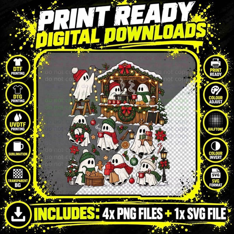 Christmas Market Ghost Mulled Wine Festive Bedsheet Png SVG Digital Bundle