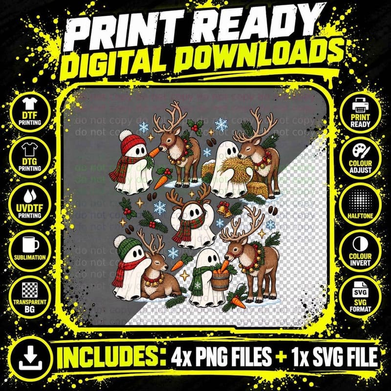 Christmas Reindeer Ghost Winter Farm Festive Bedsheet Png SVG Digital Bundle