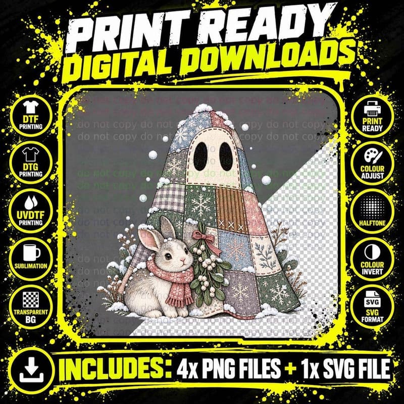 Christmas Snowflake Patchwork Ghost Rabbit Vintage Folk Png SVG Digital Bundle