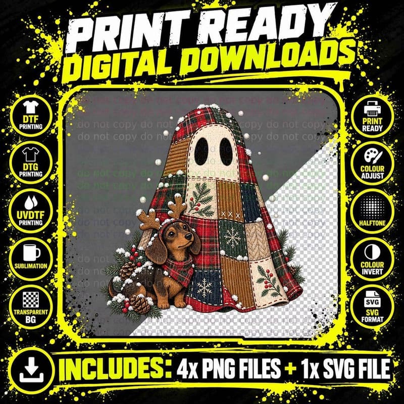 Christmas Tartan Patchwork Ghost Dachshund Vintage Folk Png SVG Digital Bundle