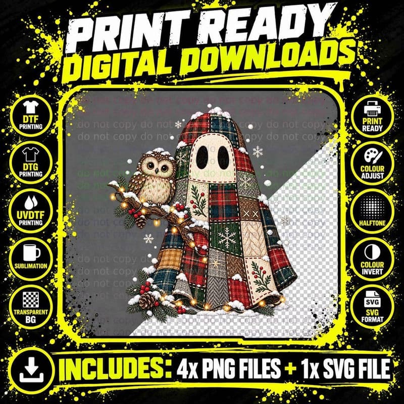 Christmas Tartan Patchwork Ghost Owl Vintage Folk Png SVG Digital Bundle