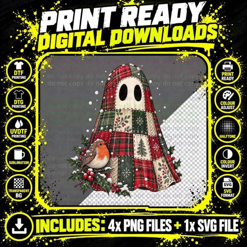 Christmas Tartan Patchwork Ghost Robin Vintage Folk Png SVG Digital Bundle