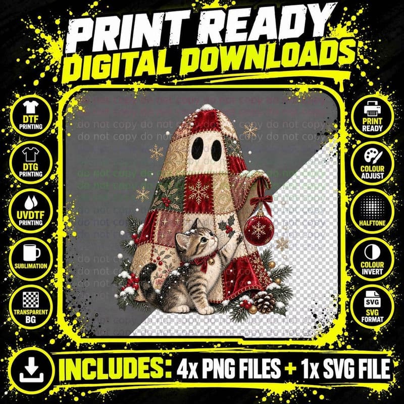 Christmas Velvet Patchwork Ghost Kitten Vintage Folk Png SVG Digital Bundle