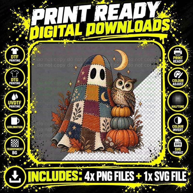 Corduroy Ghost Owl Pumpkin Moon Halloween Cottagecore Png SVG Digital Bundle