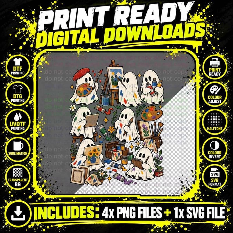 Cute Ghost Artist Painting Vintage Halloween Painter Png SVG Digital Bundle