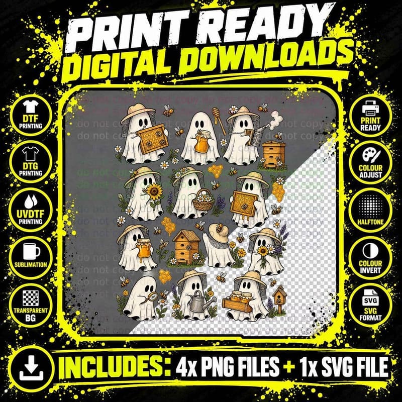 Cute Ghost Beekeeper Vintage Halloween Honey Bee Garden Png SVG Digital Bundle