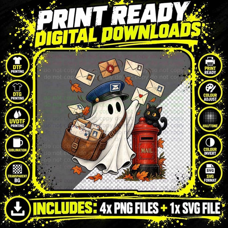 Cute Ghost Postal Worker Vintage Halloween Mail Carrier Png SVG Digital Bundle