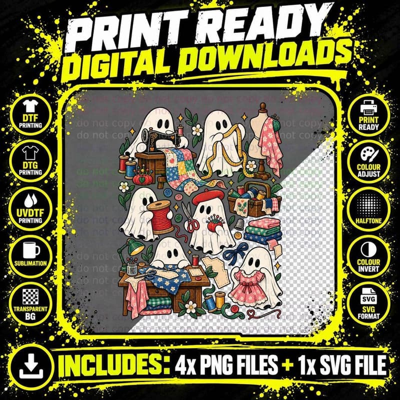 Cute Ghost Sewing Vintage Halloween Seamstress Png SVG Digital Bundle