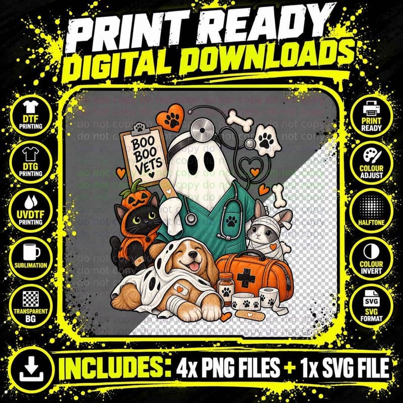 Cute Ghost Veterinarian Vintage Halloween Vet Tech Pet Png SVG Digital Bundle