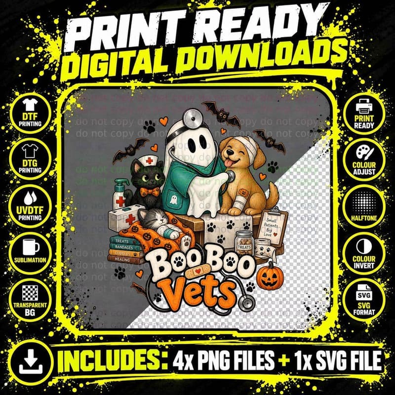 Cute Ghost Veterinarian Vintage Halloween Vet Tech Pet Png SVG Digital Bundle