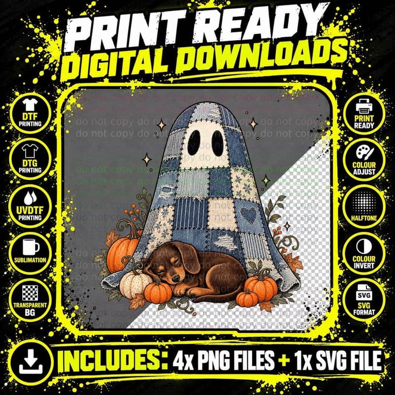 Denim Patchwork Ghost Dachshund Pumpkin Halloween Png SVG Digital Bundle