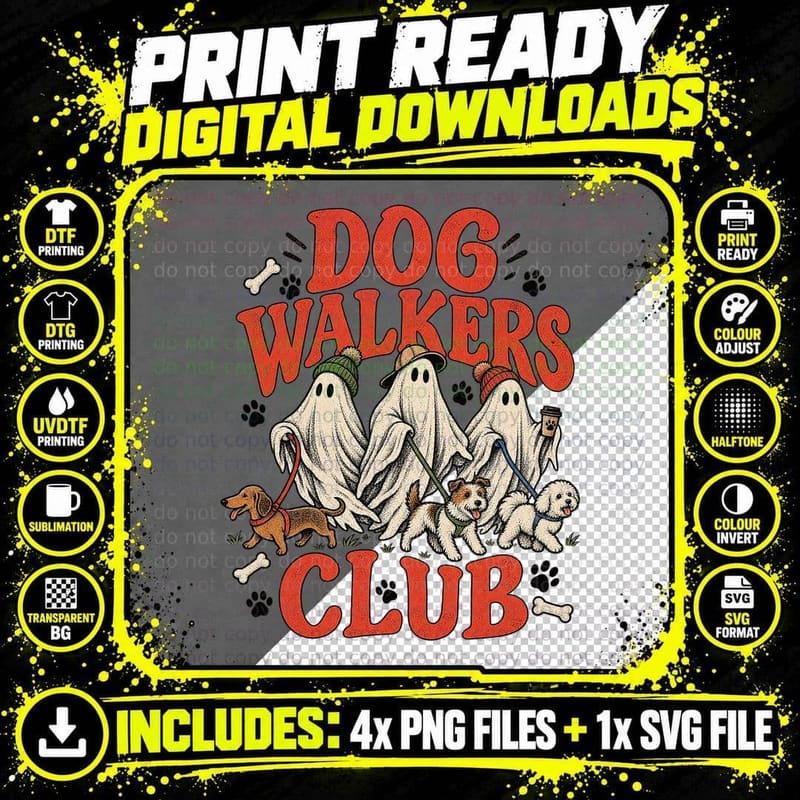 Dog Walkers Club Ghosts Walking Dachshund Terrier Halloween Spooky Retro T-Shirt Png SVG Digital Bundle