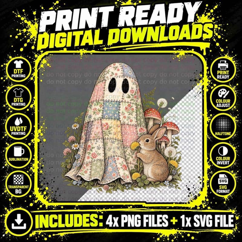 Floral Ghost Rabbit Mushroom Cottagecore Halloween Png SVG Digital Bundle