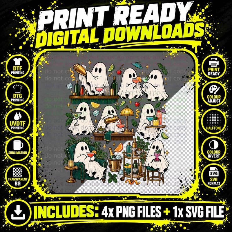 Funny Cocktail Ghost Halloween Bartender Bar Vintage Png SVG Digital Bundle