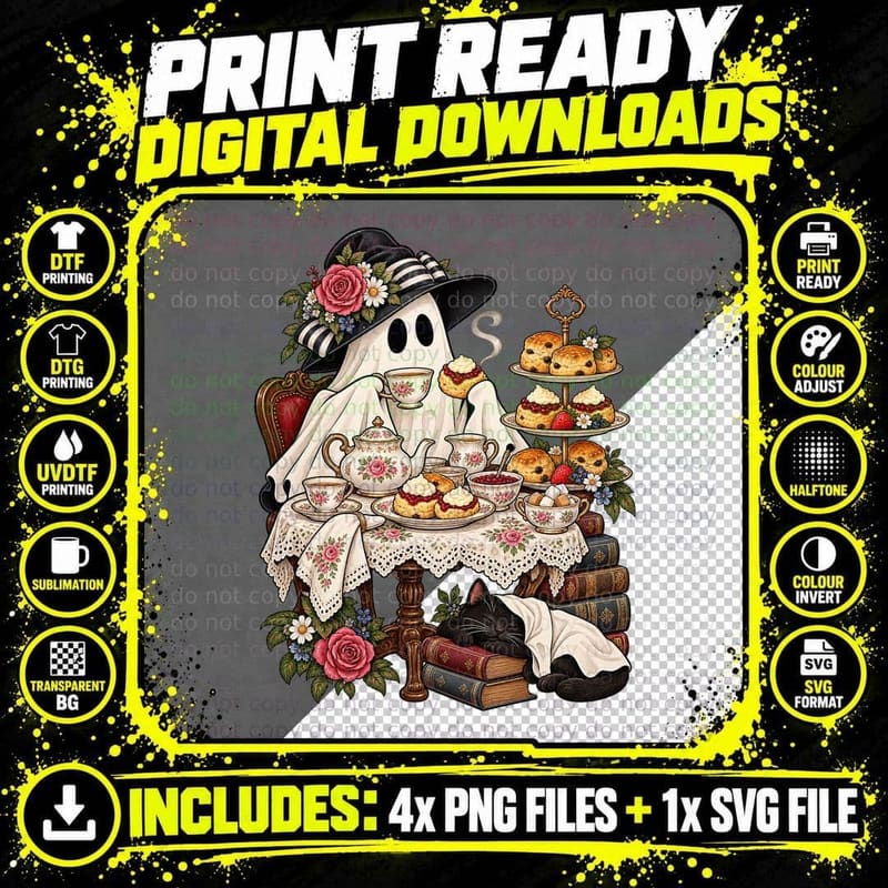 Funny Cream Tea Ghost British Scone Lover Halloween Png SVG Digital Bundle