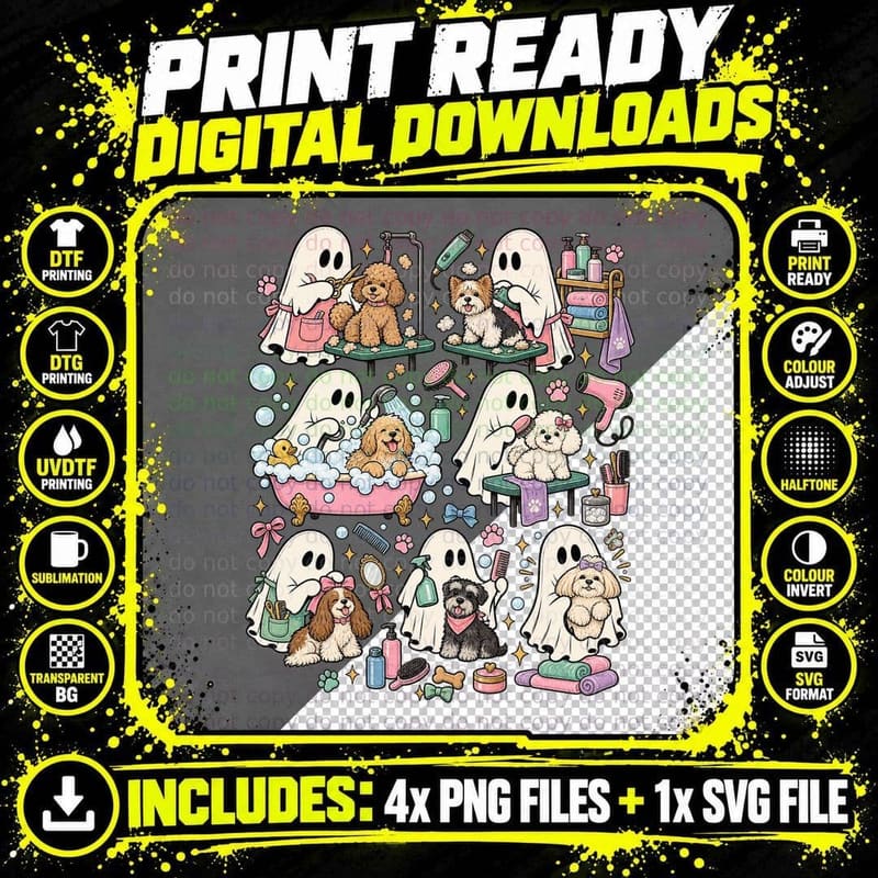 Funny Dog Groomer Ghost Halloween Pet Grooming Vintage Png SVG Digital Bundle