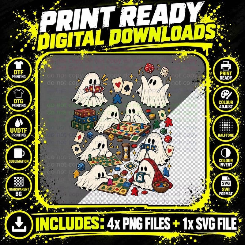 Funny Ghost Board Game Vintage Halloween Tabletop Gamer Png SVG Digital Bundle
