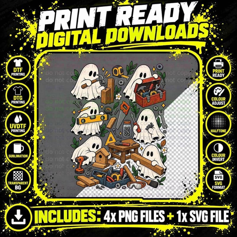 Funny Ghost DIY Vintage Halloween Handyman Carpenter Png SVG Digital Bundle