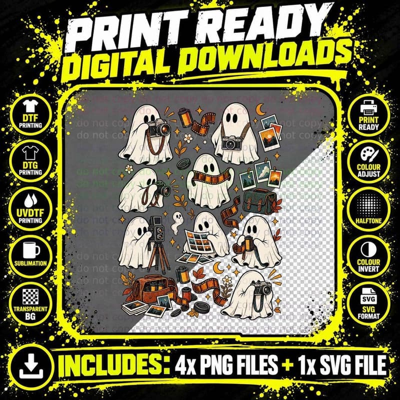 Funny Ghost Photographer Cute Halloween Camera Film Photography Retro T-Shirt Png SVG Digital Bundle