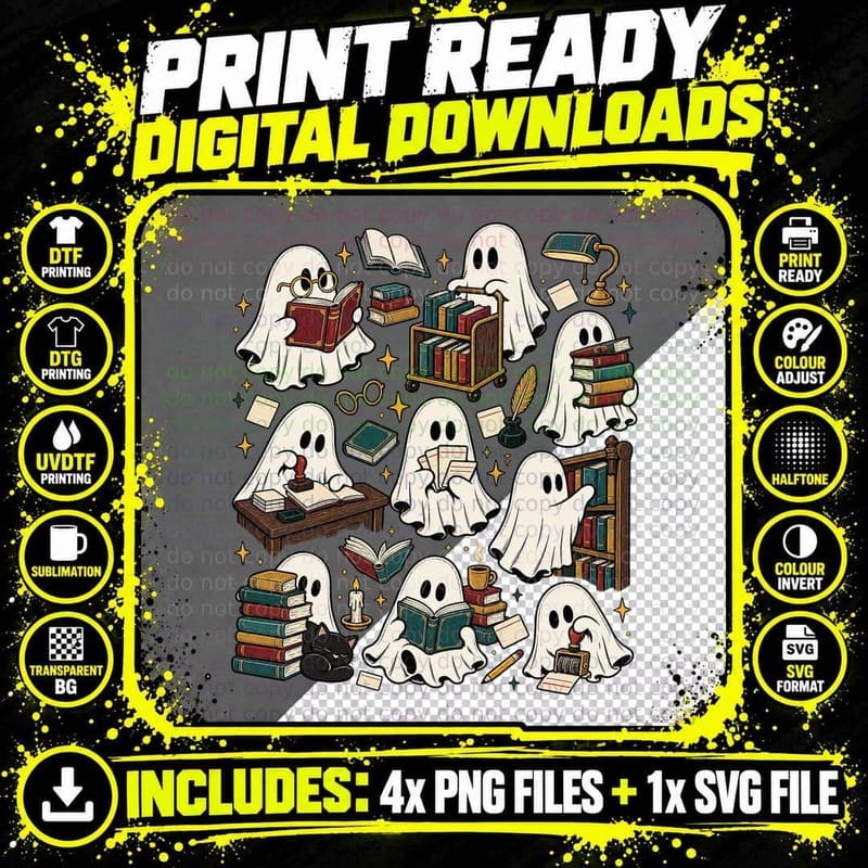 Funny Librarian Ghost Book Lover Halloween Library Png SVG Digital Bundle