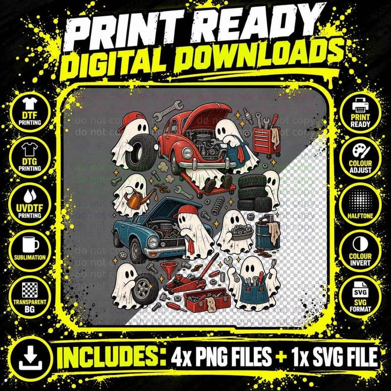 Funny Mechanic Ghost Halloween Car Garage Auto Repair Png SVG Digital Bundle