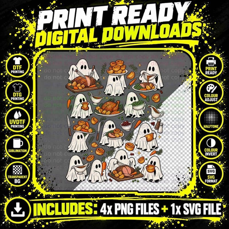 Funny Sunday Roast Ghost British Food Halloween Vintage Png SVG Digital Bundle