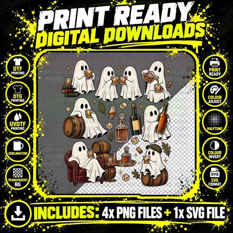 Funny Whisky Ghost Halloween Whiskey Lover Vintage Png SVG Digital Bundle