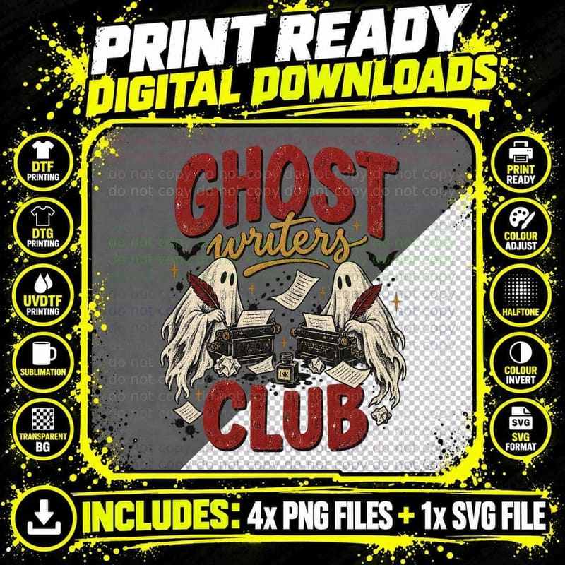 Ghost Writers Club Ghosts on Typewriters Quill Halloween Author Novelist T-Shirt Png SVG Digital Bundle