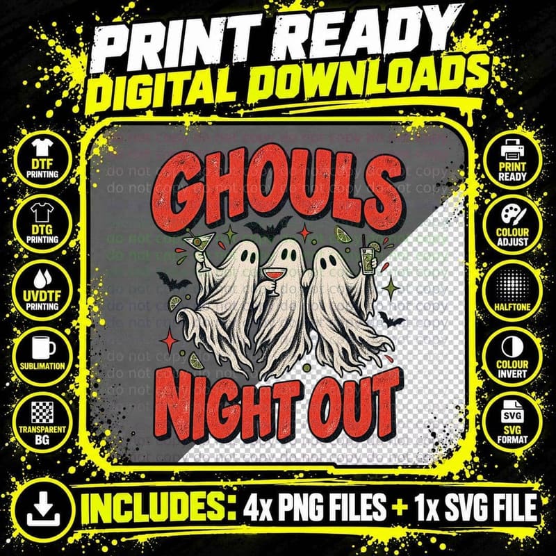 Ghouls Night Out Ghosts Drinking Cocktails Halloween Hen Party Retro T-Shirt Png SVG Digital Bundle
