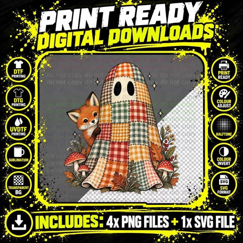 Gingham Ghost Fox Mushroom Cottagecore Halloween Vintage Png SVG Digital Bundle