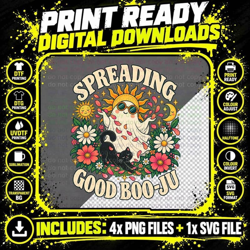 Good Boo-Ju Retro Ghost Black Cat Flower Power Spiritual Png SVG Digital Bundle