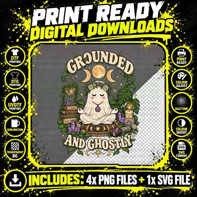Grounded And Ghostly Retro Ghost Yoga Mushroom Spiritual Png SVG Digital Bundle
