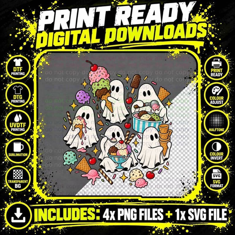 Cute Ghosts Eating Ice Cream Cones Sundae Sprinkles Kawaii Spooky Summer T-Shirt Png SVG Digital Bundle