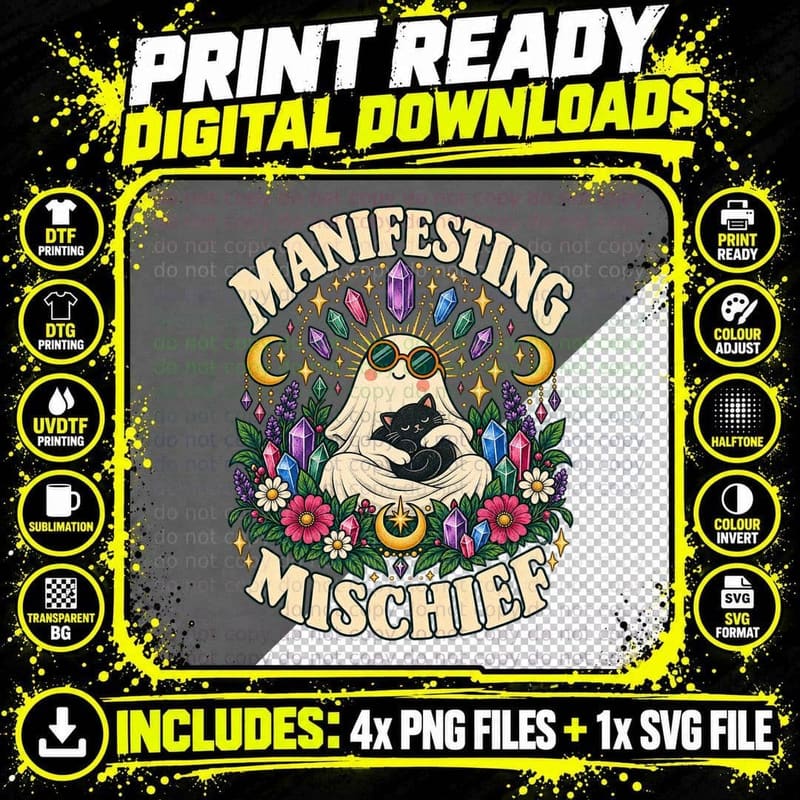 Manifesting Mischief Retro Ghost Black Cat Crystal Png SVG Digital Bundle