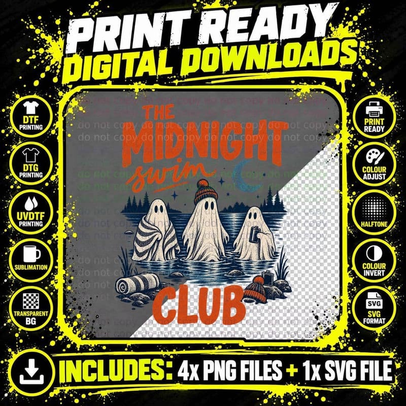 Midnight Swim Club Ghosts Wild Swimming Cold Water Lake Bobble Hat T-Shirt Png SVG Digital Bundle