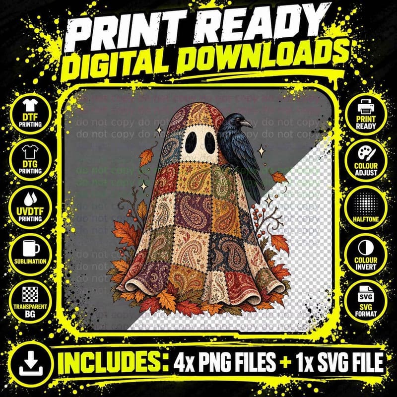 Paisley Ghost Crow Autumn Cottagecore Halloween Vintage Png SVG Digital Bundle