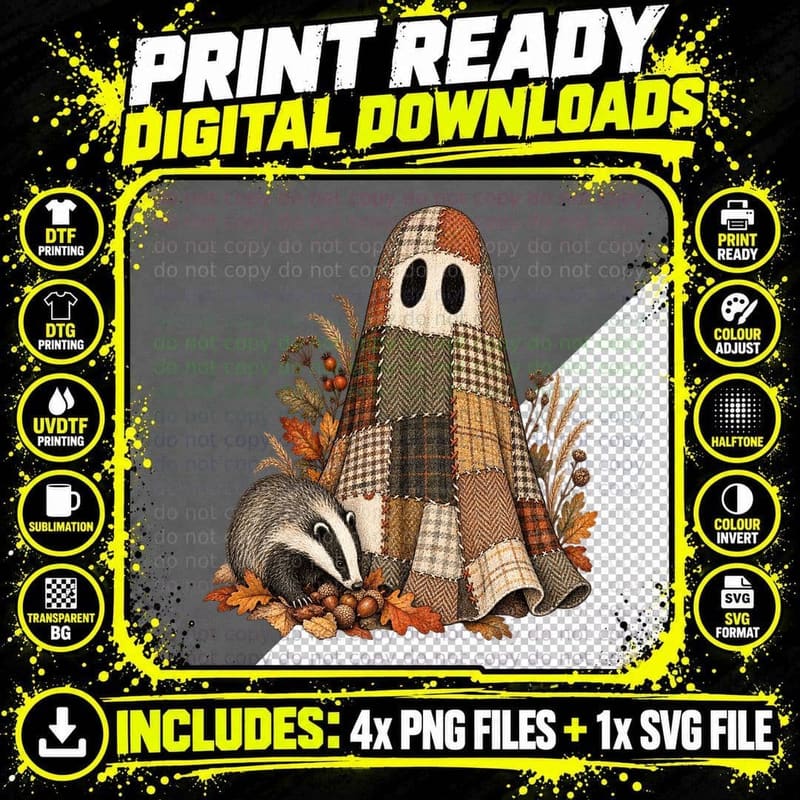 Patchwork Ghost Badger Cottagecore Tweed Folk Cute Png SVG Digital Bundle