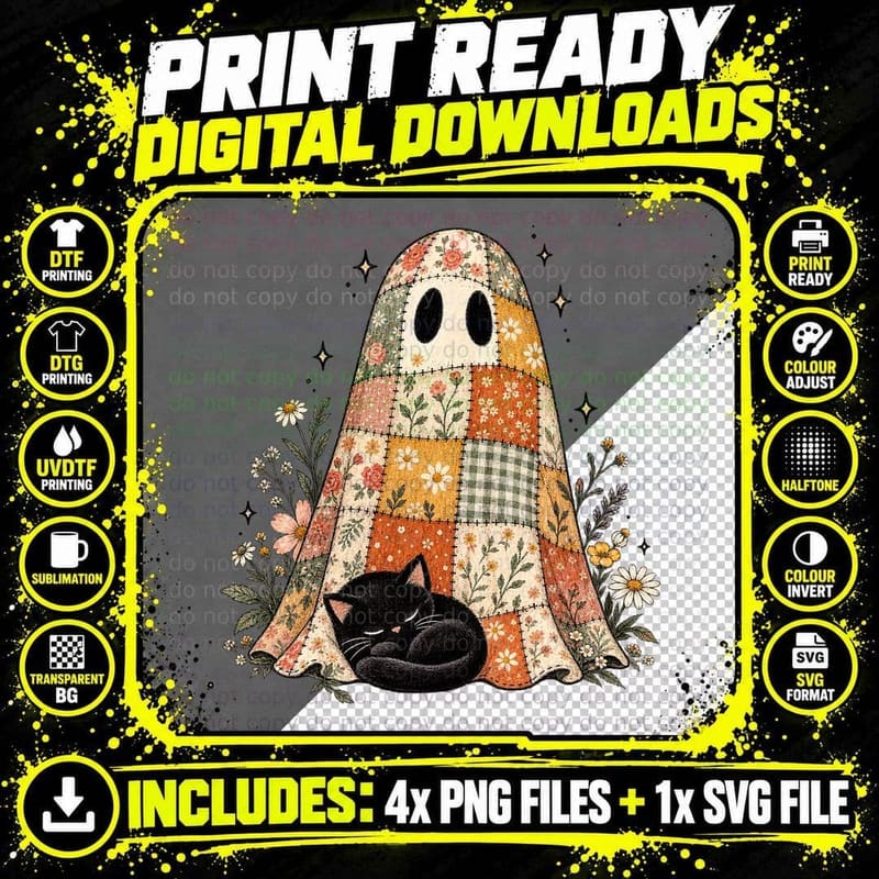 Patchwork Ghost Black Cat Cottagecore Halloween Vintage Png SVG Digital Bundle
