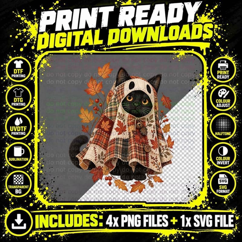 Patchwork Ghost Black Cat Plaid Cottagecore Folk Autumn Png SVG Digital Bundle