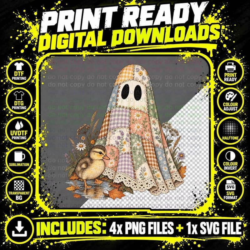 Patchwork Ghost Duckling Floral Gingham Cottagecore Folk Png SVG Digital Bundle