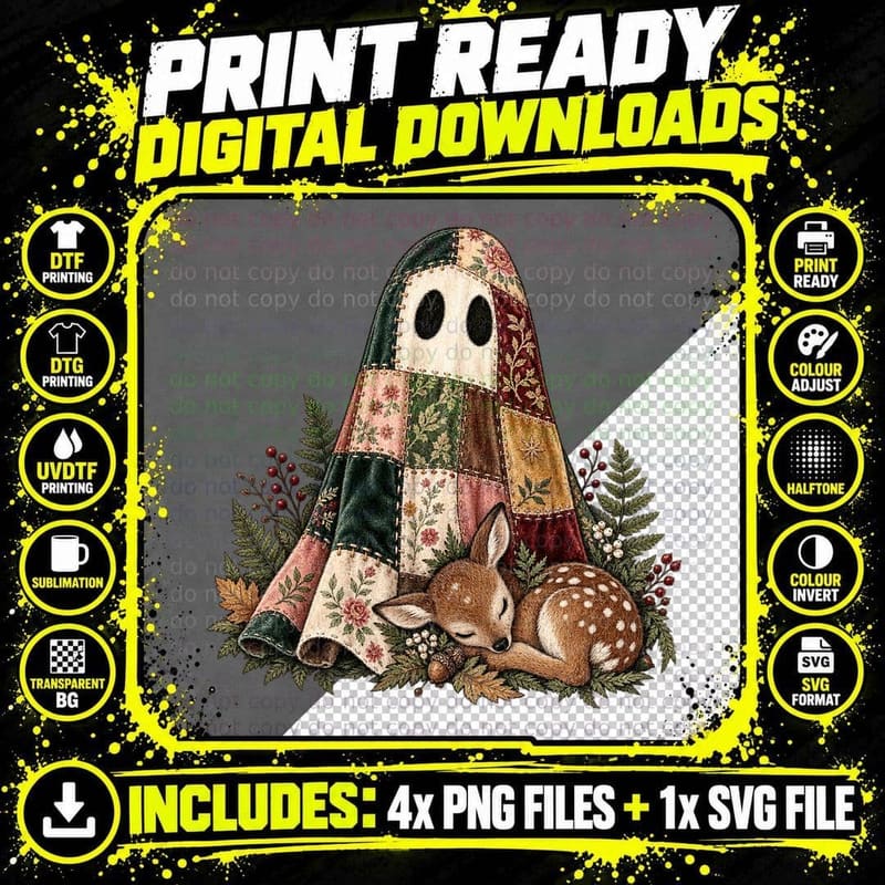 Patchwork Ghost Fawn Woodland Cottagecore Velvet Folk Png SVG Digital Bundle