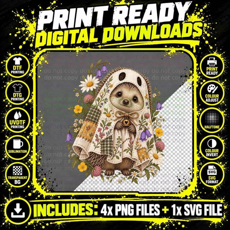 Patchwork Ghost Hedgehog Wildflower Cottagecore Folk Png SVG Digital Bundle