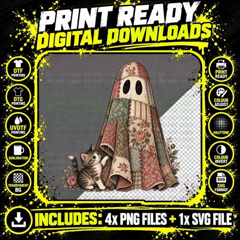Patchwork Ghost Kitten Vintage Tapestry Cottagecore Folk Png SVG Digital Bundle