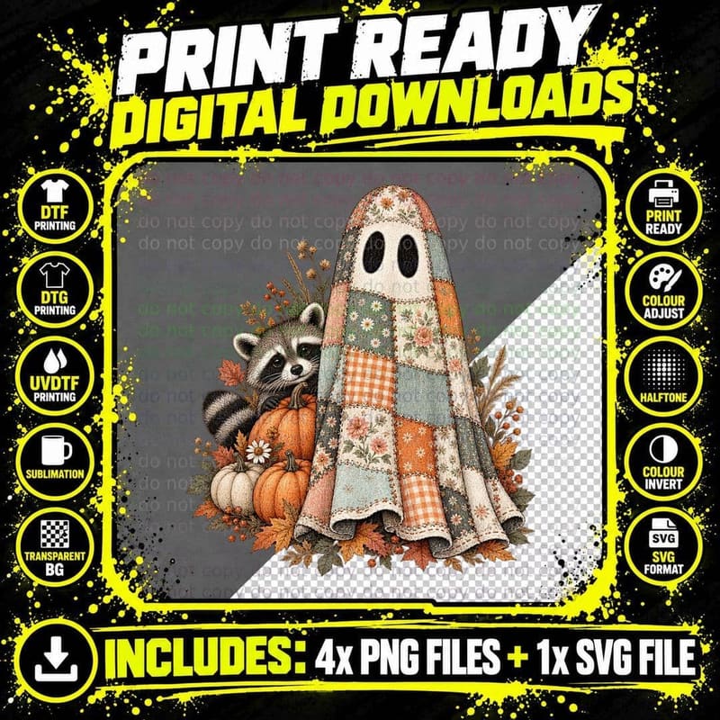 Patchwork Ghost Raccoon Pumpkin Cottagecore Floral Folk Png SVG Digital Bundle